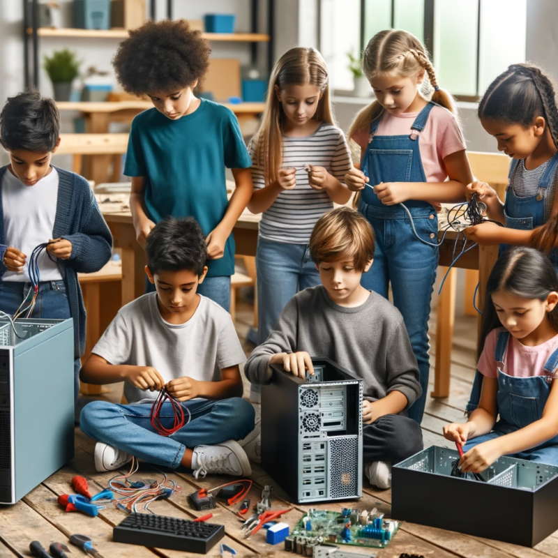 Acht Kinder beschäftigen sich konzentriert mit Kabeln und dem Innenleben von PC-Gehäusen.